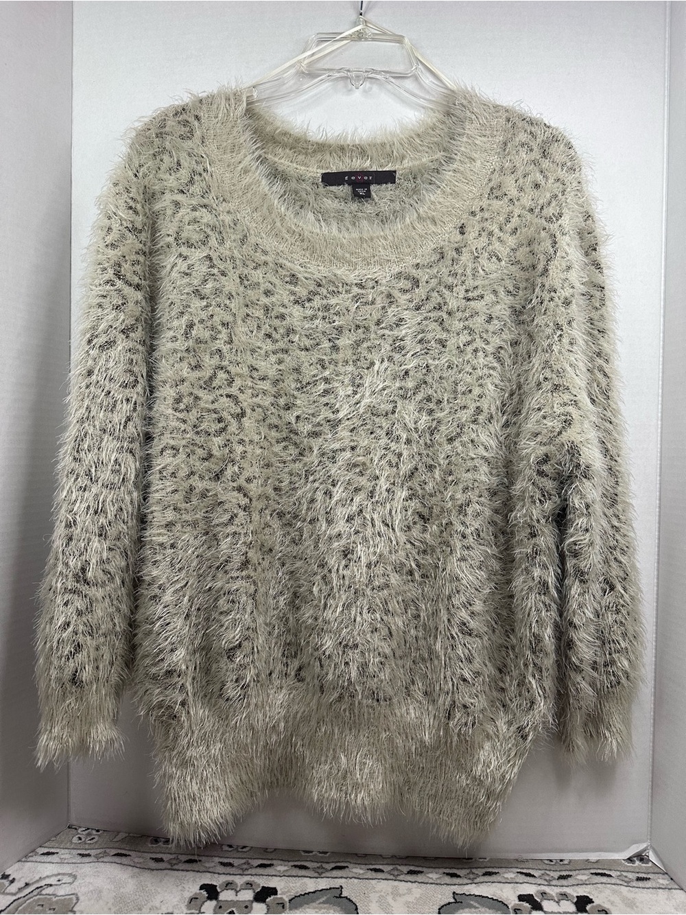 Fever Fuzzy Crewneck Sweater in Light Beige, animal print, size XL